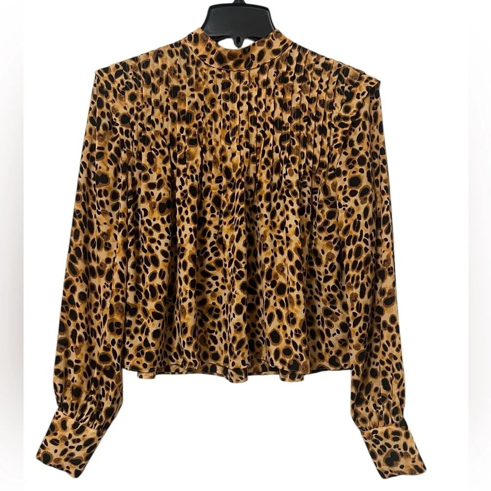 Aritzia Babaton XS Women’s leopard cheetah print long sleeve mock neck pleated - Picture 1 of 7